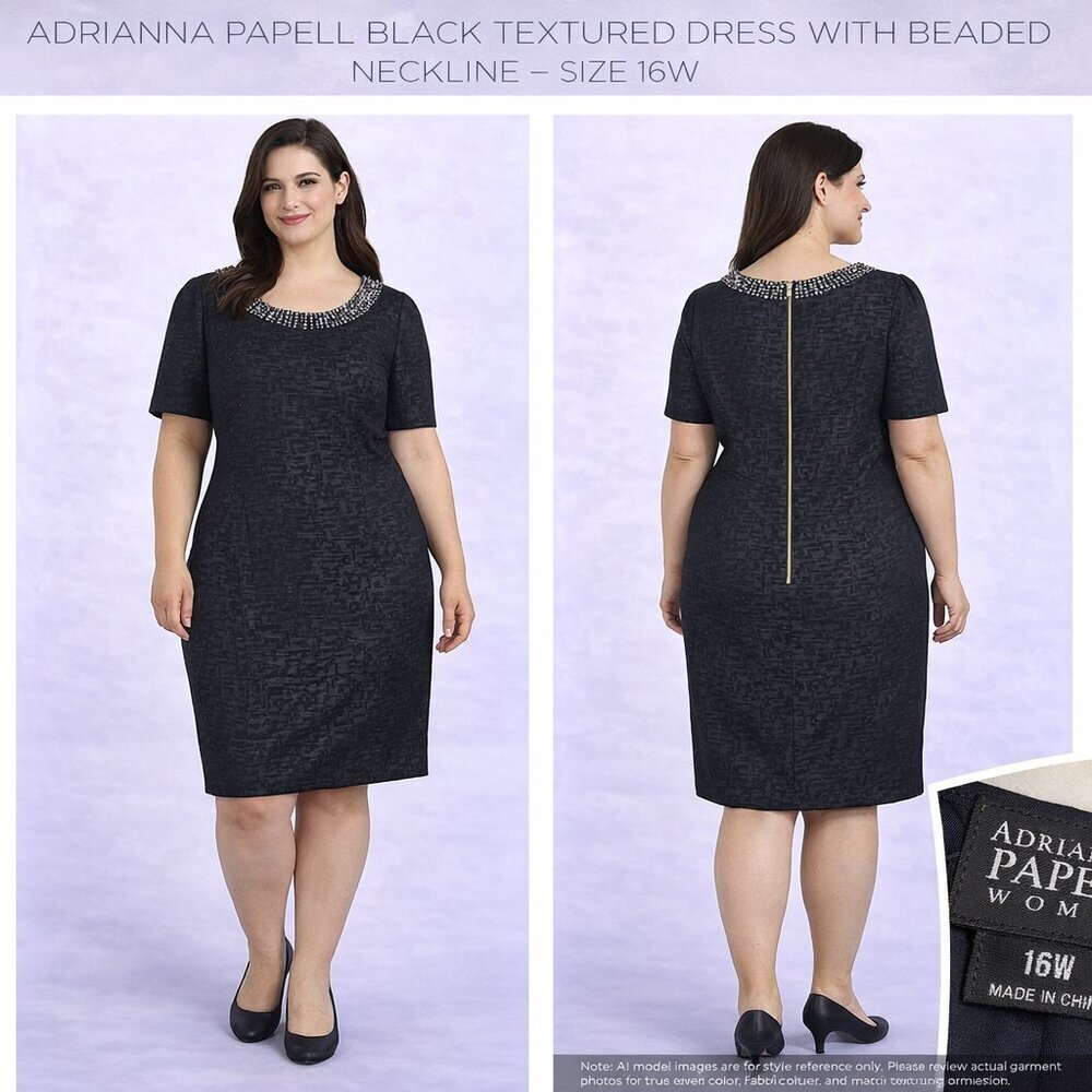 Adrianna Papell Black Textured Dress with Beaded Neckline – Size 16W